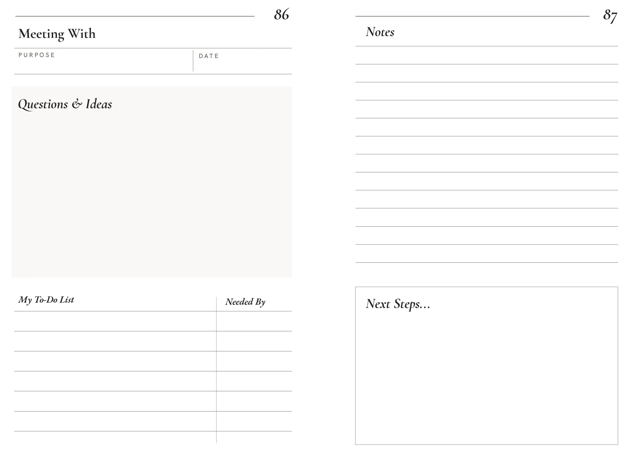 A meeting-planner spread from the Dream Home Journal
